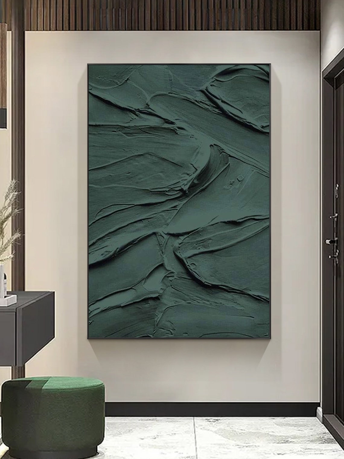 Textured Abstract Oil Painting in Rich Emerald Green for Modern Home Décor