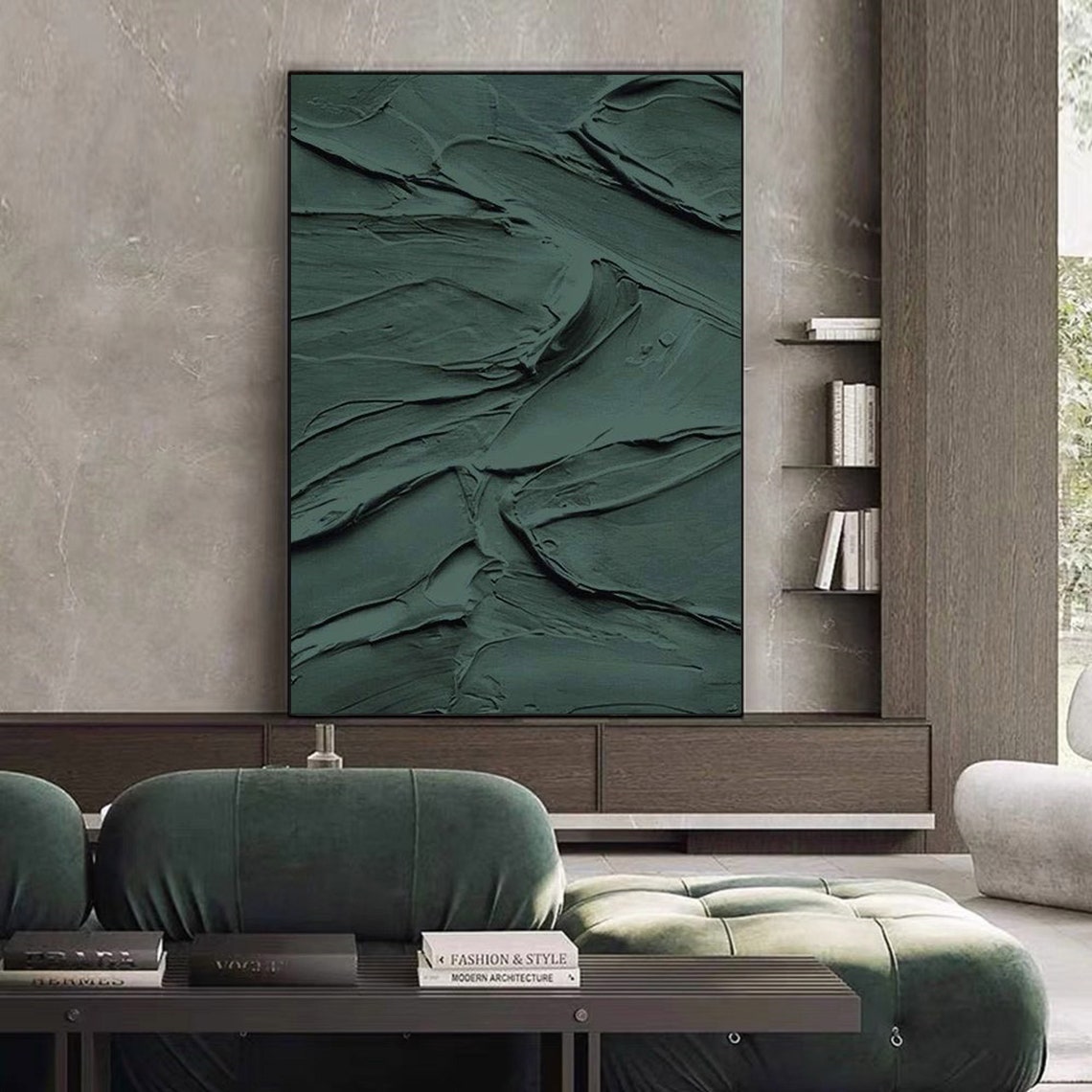 Textured Abstract Oil Painting in Rich Emerald Green for Modern Home Décor