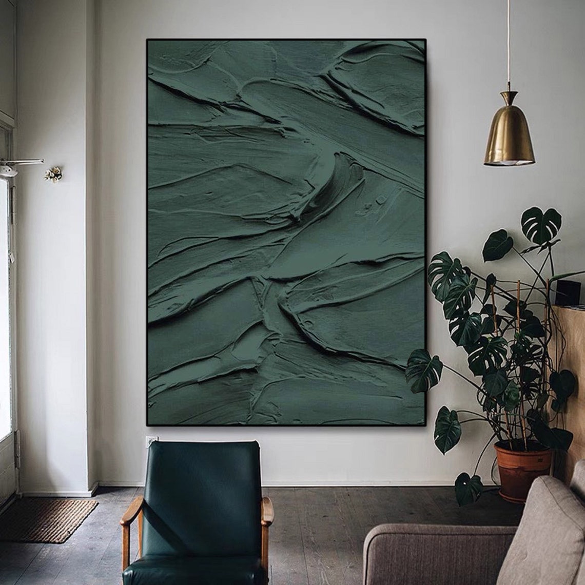 Textured Abstract Oil Painting in Rich Emerald Green for Modern Home Décor