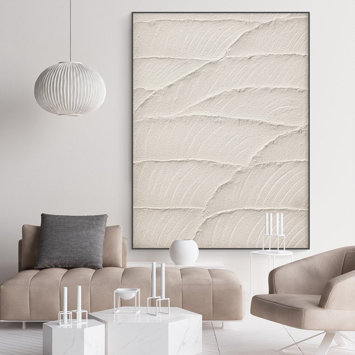 Tranquil Coastal Textures - Serene Beige Oil Painting for Modern Home Decor