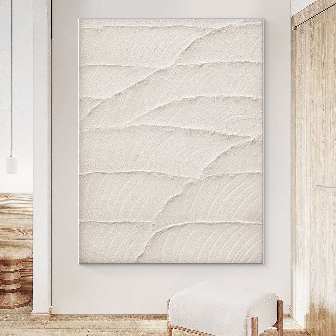 Tranquil Coastal Textures - Serene Beige Oil Painting for Modern Home Decor