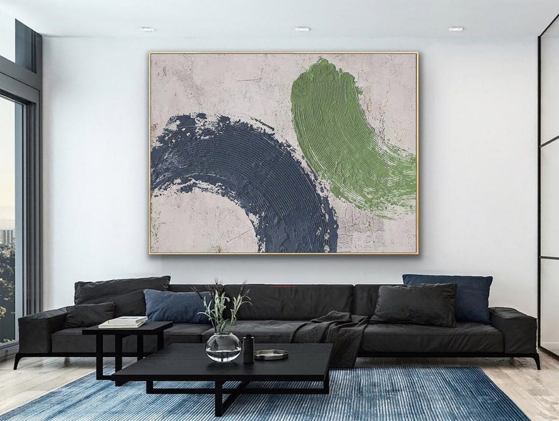 Modern Abstract Oil Painting in Bold Blue and Green Color Swirls for Contemporary Decor