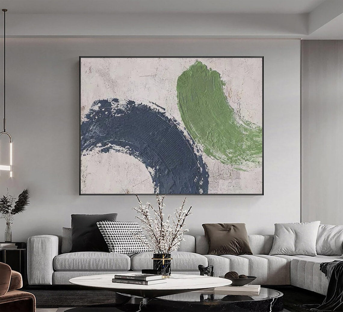 Modern Abstract Oil Painting in Bold Blue and Green Color Swirls for Contemporary Decor