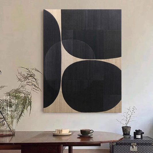 Modern Abstract Monochrome Oil Painting - Curved Shapes in Black and Beige