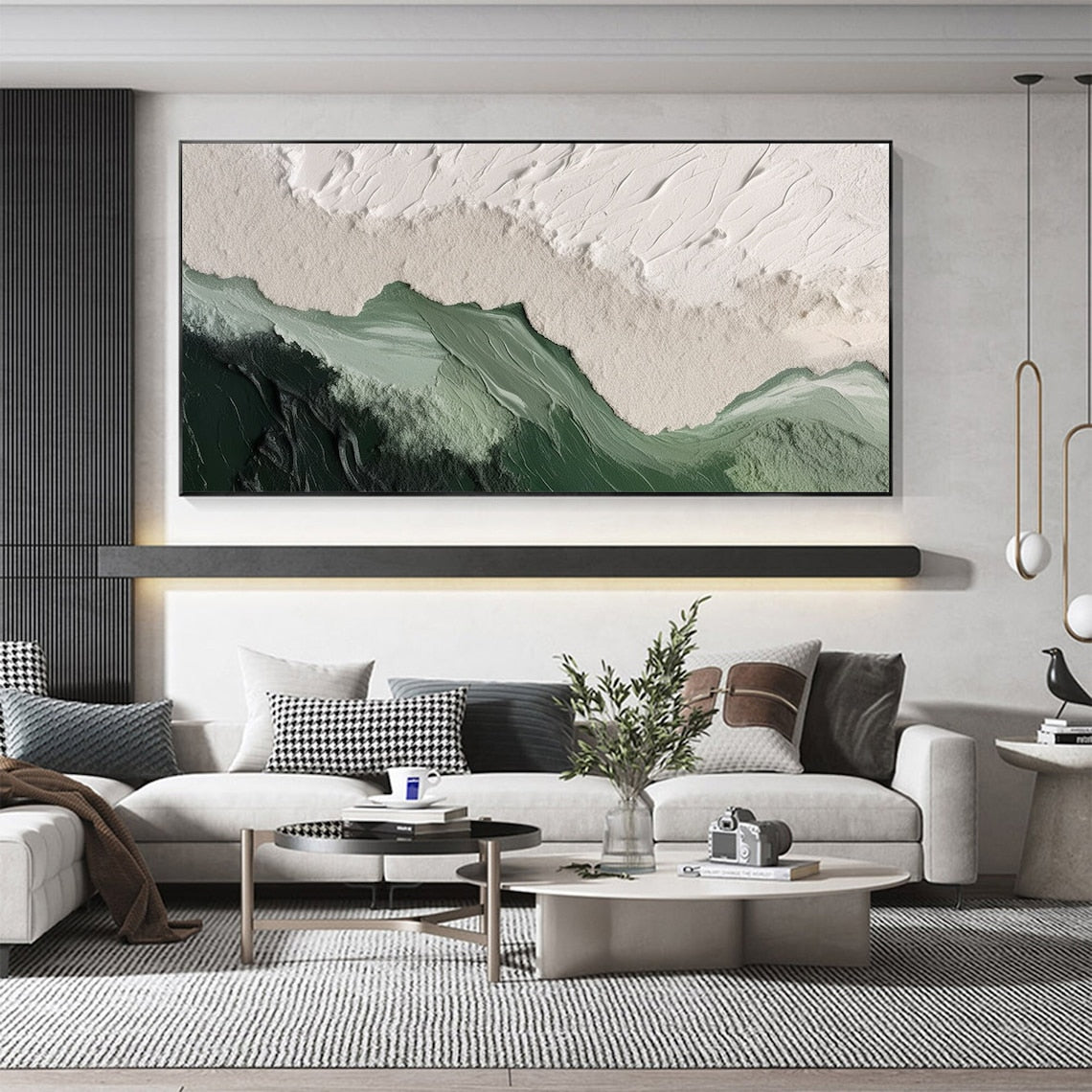 Serene Emerald Mountainscape Oil Painting for Modern Home Decor