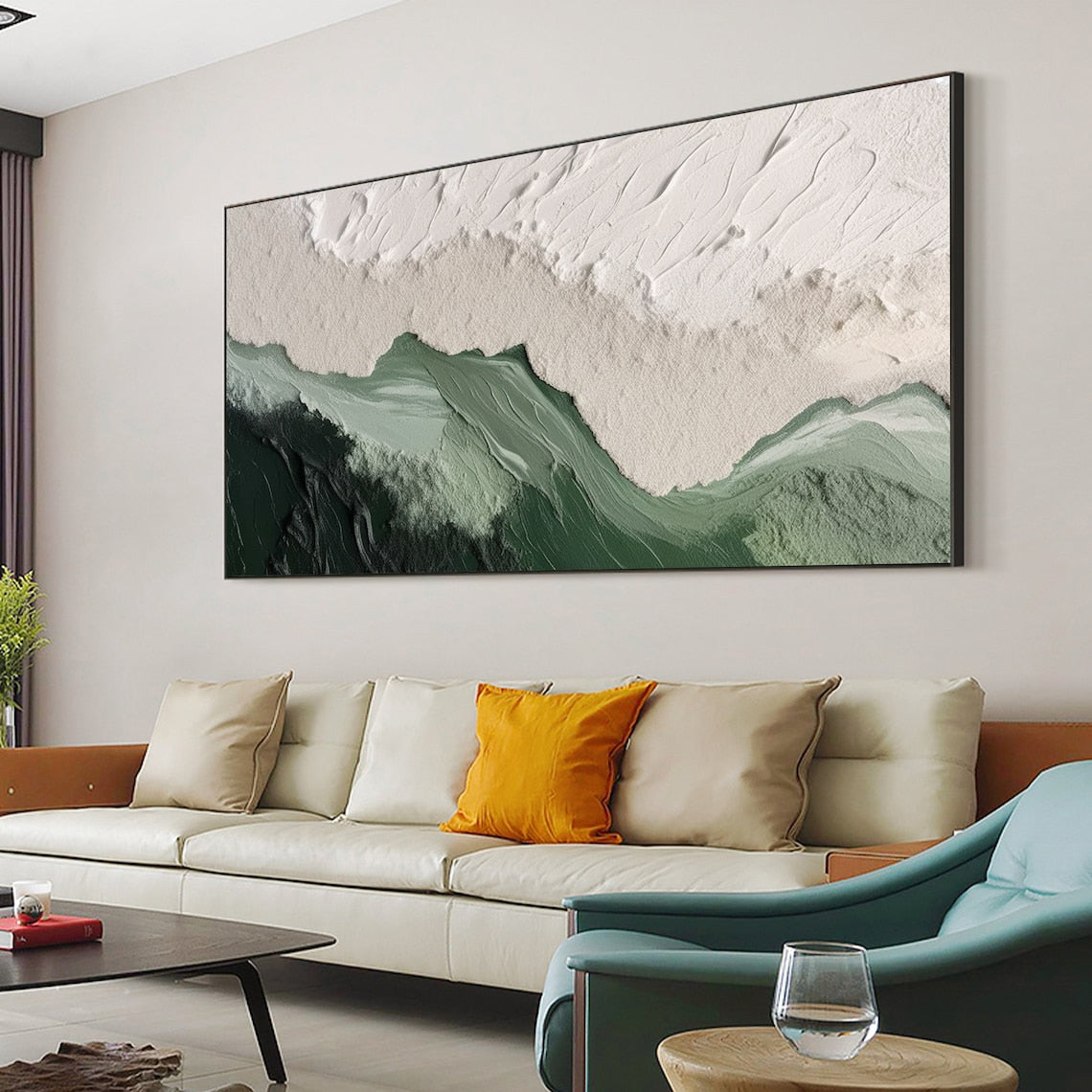 Serene Emerald Mountainscape Oil Painting for Modern Home Decor