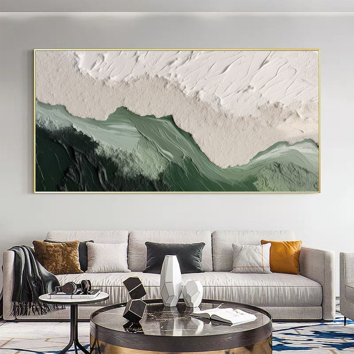 Serene Emerald Mountainscape Oil Painting for Modern Home Decor