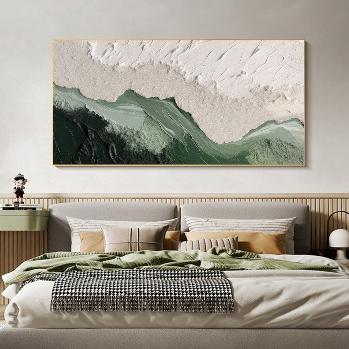 Serene Emerald Mountainscape Oil Painting for Modern Home Decor