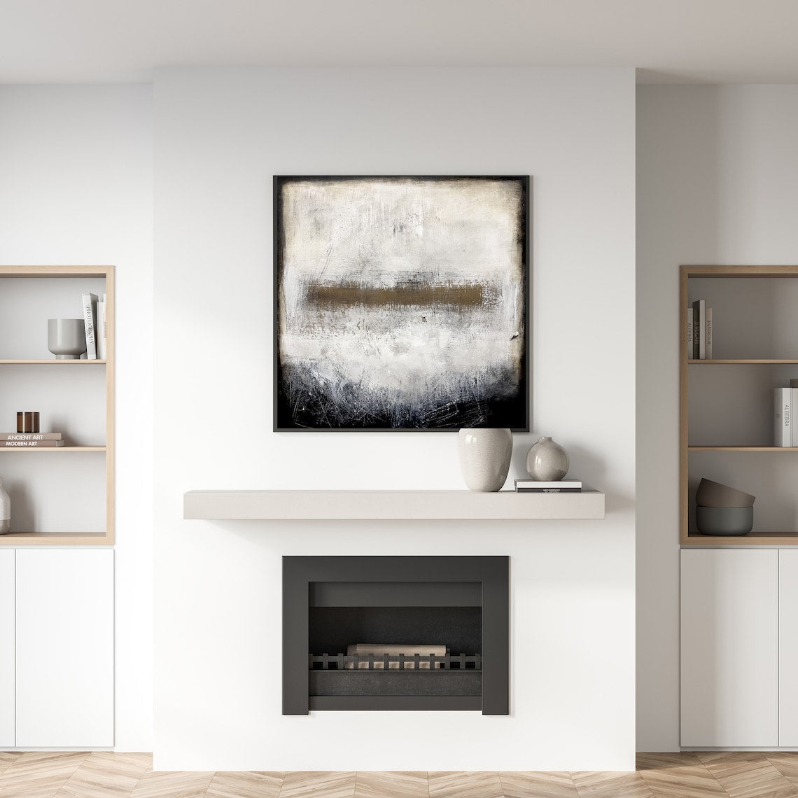 Abstract Monochrome Landscape Oil Painting for Modern Home Decor