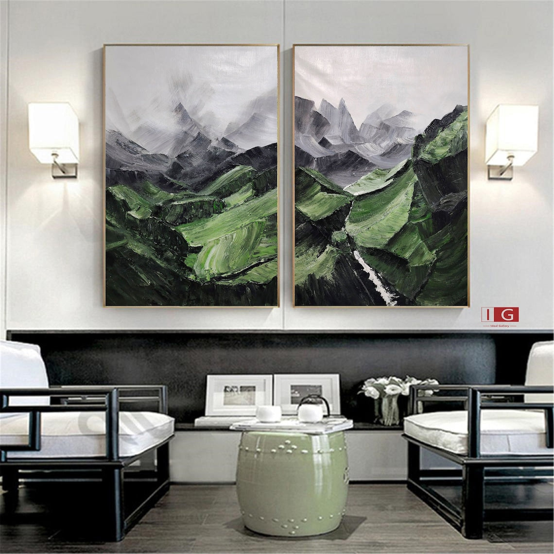 Stunning Verdant Mountain Landscape Diptych Oil Painting for Modern Home Decor