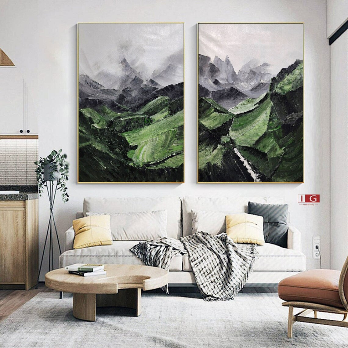 Stunning Verdant Mountain Landscape Diptych Oil Painting for Modern Home Decor