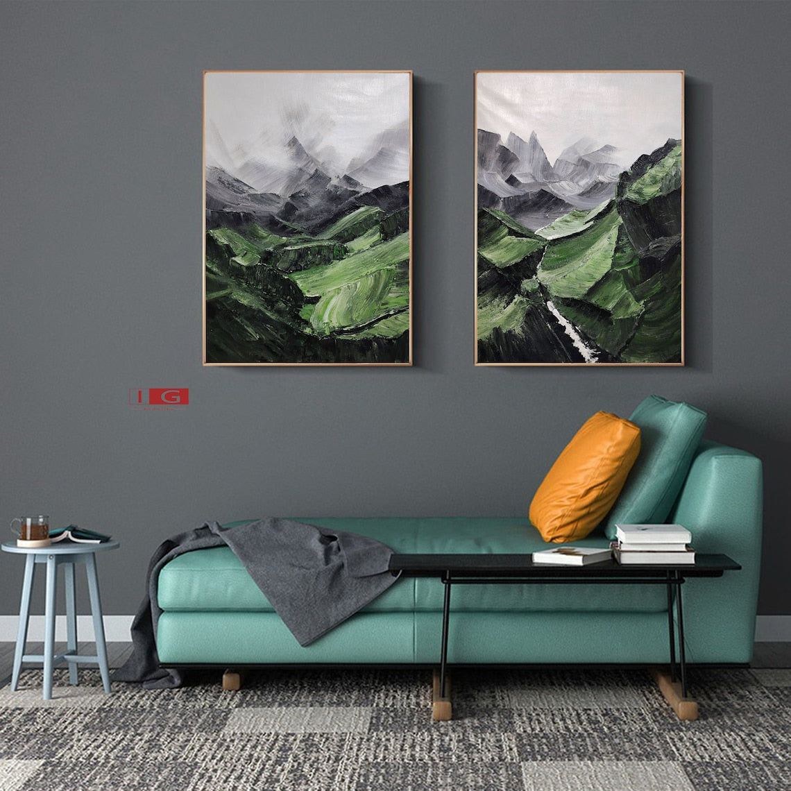 Stunning Verdant Mountain Landscape Diptych Oil Painting for Modern Home Decor