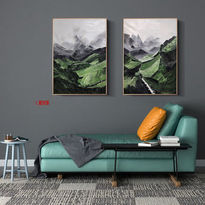 Stunning Verdant Mountain Landscape Diptych Oil Painting for Modern Home Decor