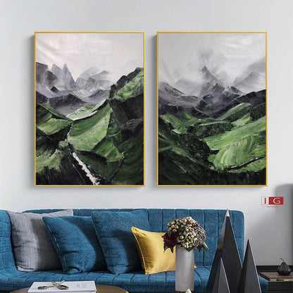 Stunning Verdant Mountain Landscape Diptych Oil Painting for Modern Home Decor