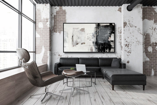 Contemporary Urban Abstract Oil Painting in Black and White for Modern Decor