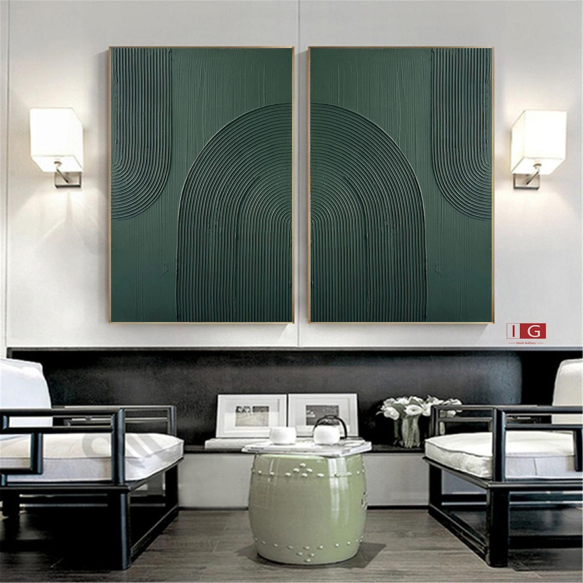 Abstract Green Oil Painting Duo for Modern Home Decor