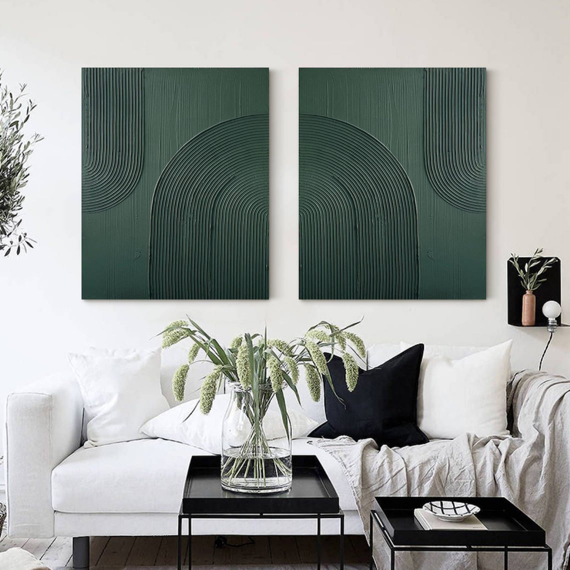 Abstract Green Oil Painting Duo for Modern Home Decor