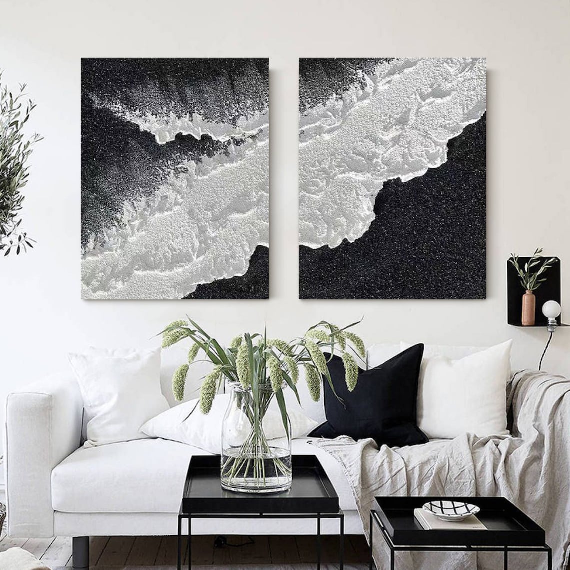 Stunning Cosmic Tide Abstract Diptych Oil Painting for Modern Home Decor