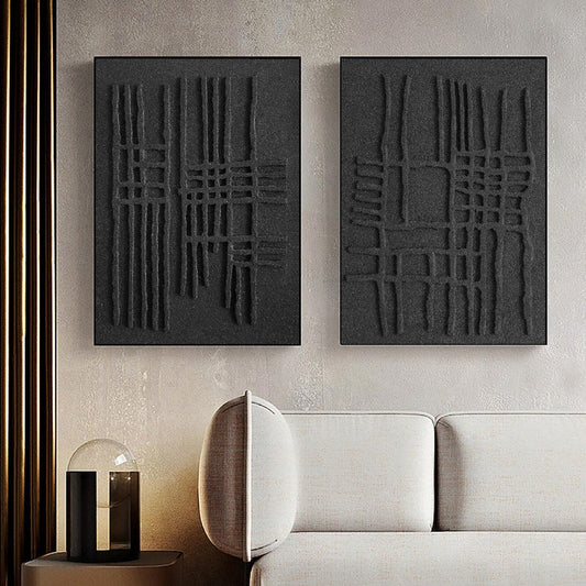 Textured Monochrome Duo - Contemporary Black Relief Art for Modern Interiors