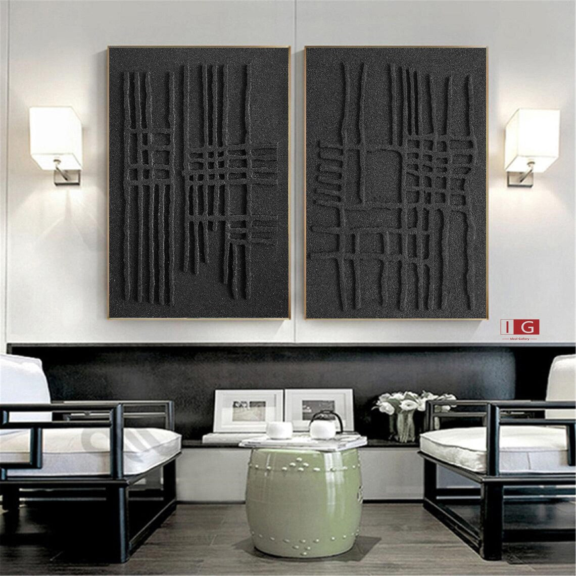 Textured Monochrome Duo - Contemporary Black Relief Art for Modern Interiors