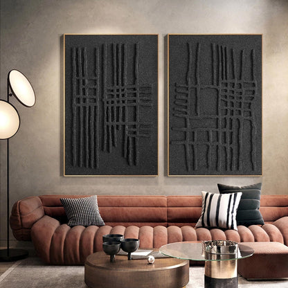 Textured Monochrome Duo - Contemporary Black Relief Art for Modern Interiors