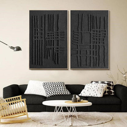 Textured Monochrome Duo - Contemporary Black Relief Art for Modern Interiors