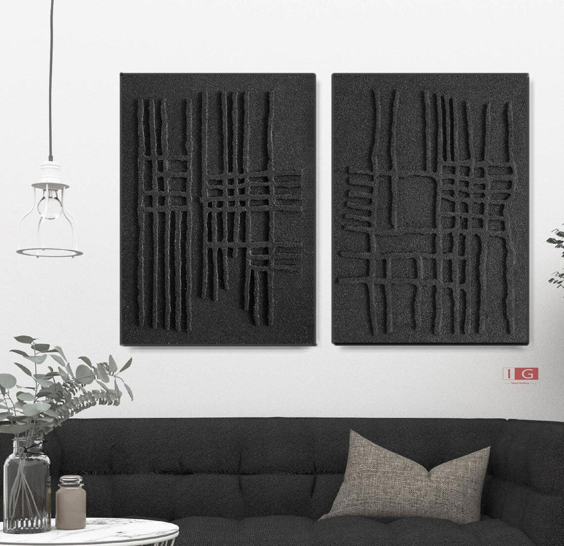 Textured Monochrome Duo - Contemporary Black Relief Art for Modern Interiors