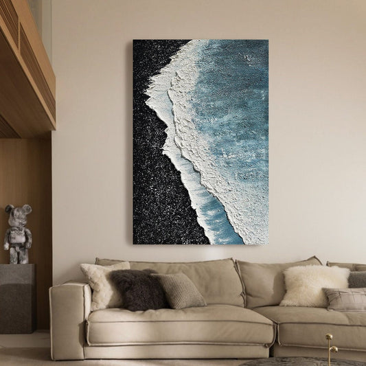 Serene Coastal Escape: Stunning Azure Oil Painting of Shoreline Waves