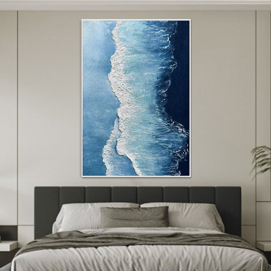 Serene Coastal Waves Oil Painting in Blue and White Hues for Elegant Home Décor