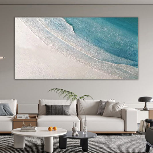 Tranquil Coastal Escape: Serene Blue Waves and Sandy Shore Oil Painting
