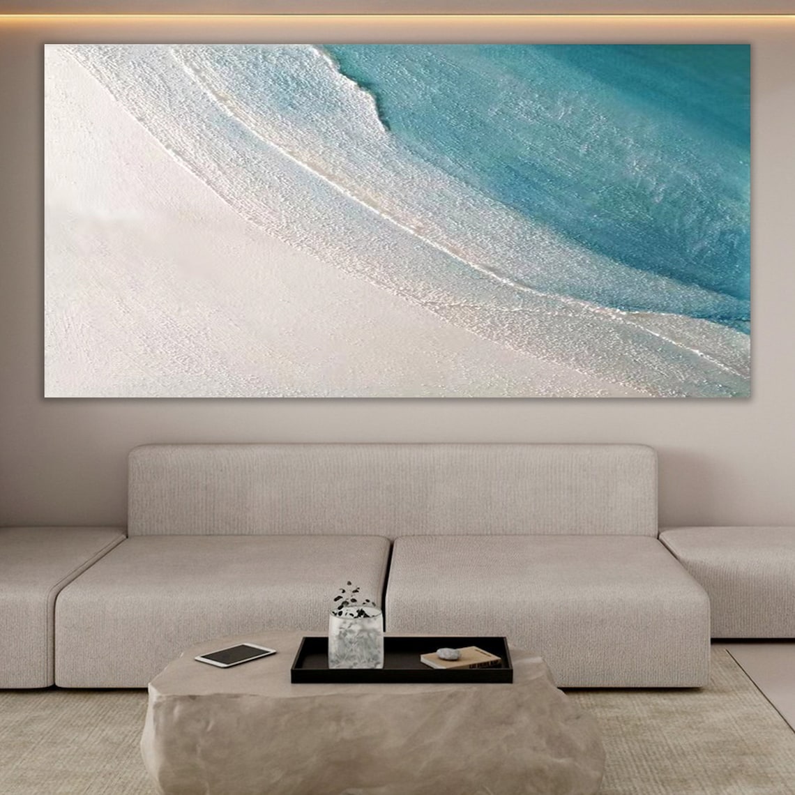 Tranquil Coastal Escape: Serene Blue Waves and Sandy Shore Oil Painting