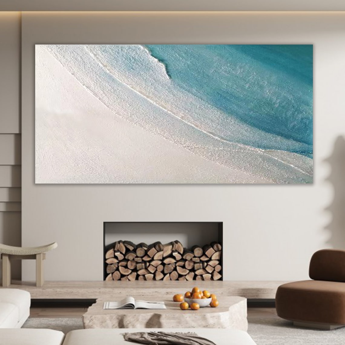 Tranquil Coastal Escape: Serene Blue Waves and Sandy Shore Oil Painting