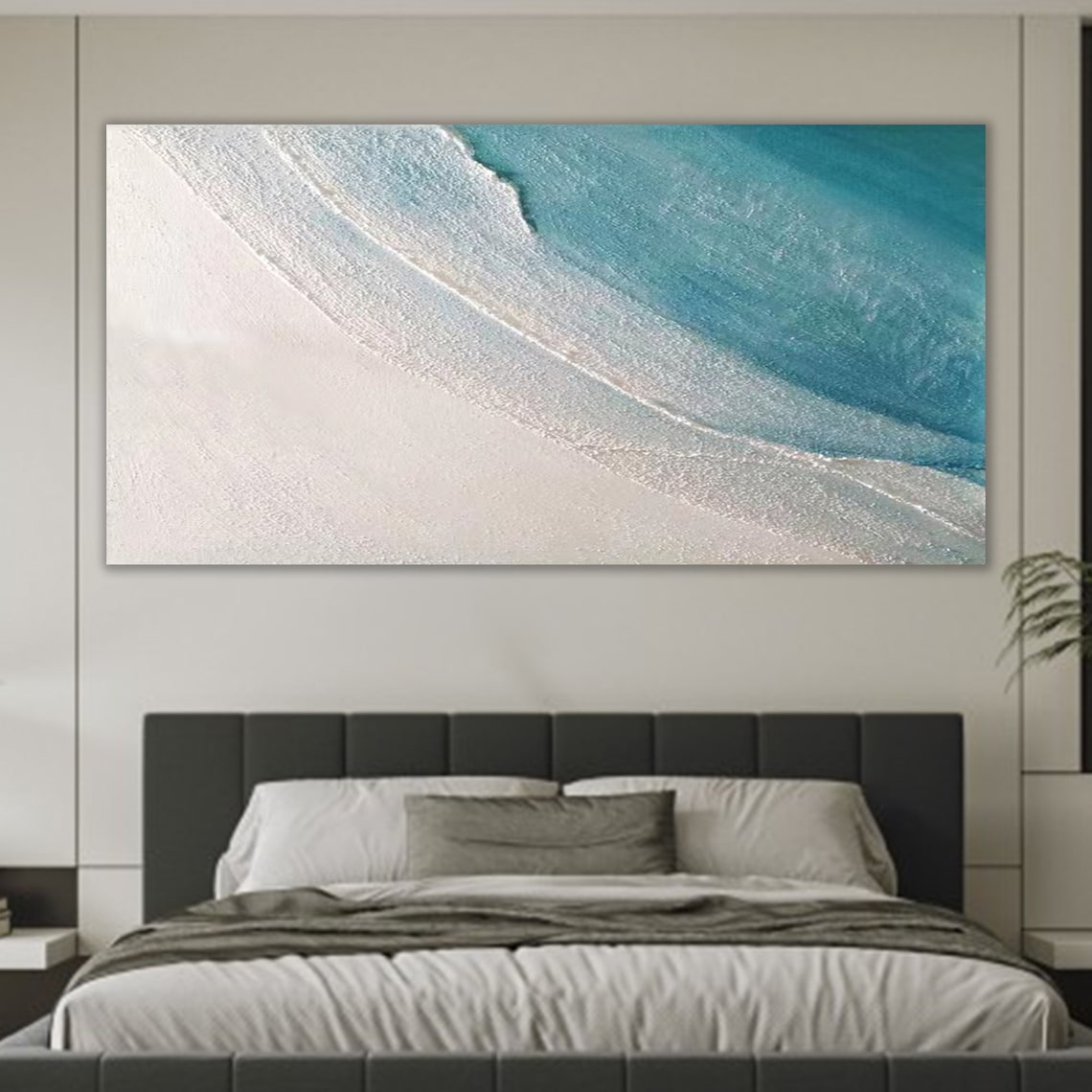 Tranquil Coastal Escape: Serene Blue Waves and Sandy Shore Oil Painting