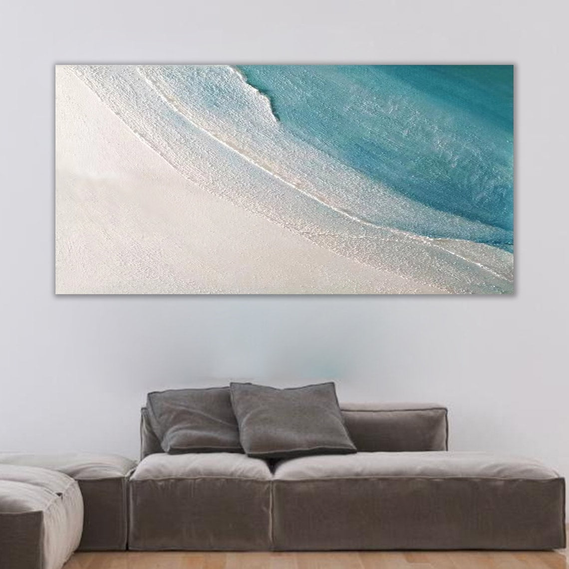 Tranquil Coastal Escape: Serene Blue Waves and Sandy Shore Oil Painting