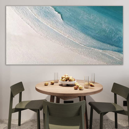 Tranquil Coastal Escape: Serene Blue Waves and Sandy Shore Oil Painting