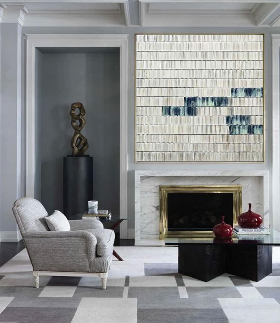 Modern Abstract Oil Painting with Blue and White Stripes for Home Decor