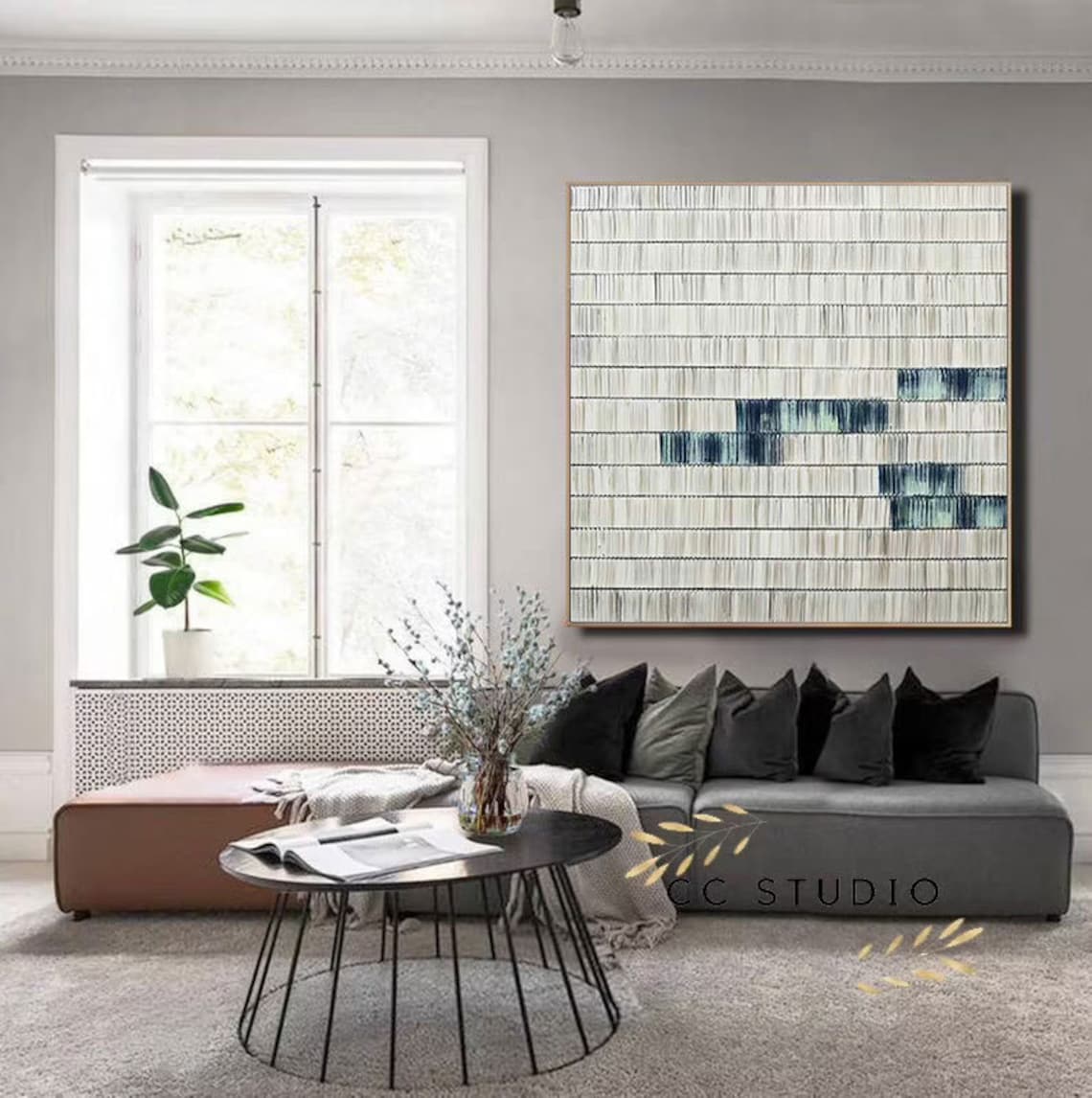 Modern Abstract Oil Painting with Blue and White Stripes for Home Decor
