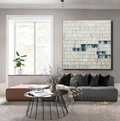 Modern Abstract Oil Painting with Blue and White Stripes for Home Decor