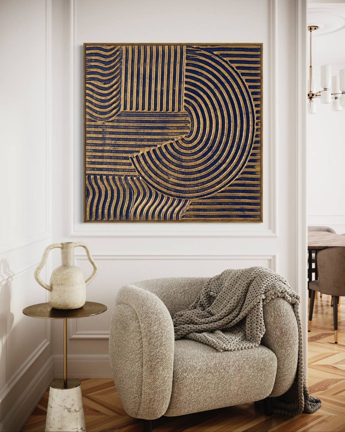 Golden Spirals Abstract Oil Painting for Modern Home Decor