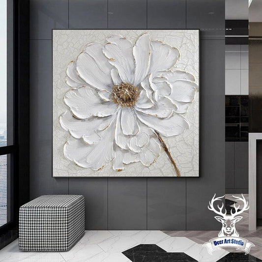 Elegant White Flower Oil Painting with Gilded Accents for Modern Home Decor
