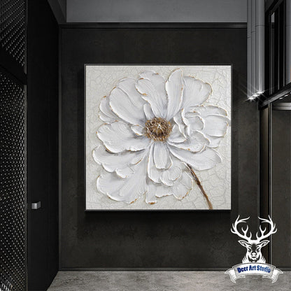 Elegant White Flower Oil Painting with Gilded Accents for Modern Home Decor