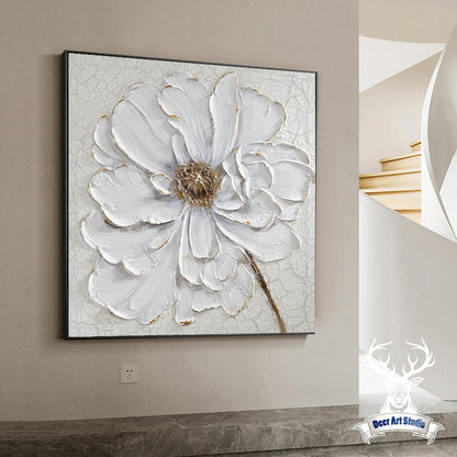 Elegant White Flower Oil Painting with Gilded Accents for Modern Home Decor