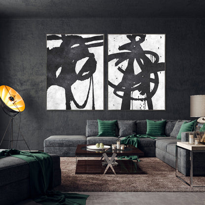 Dynamic Abstract Oil Painting Pair in Black and White for Modern Home Decor