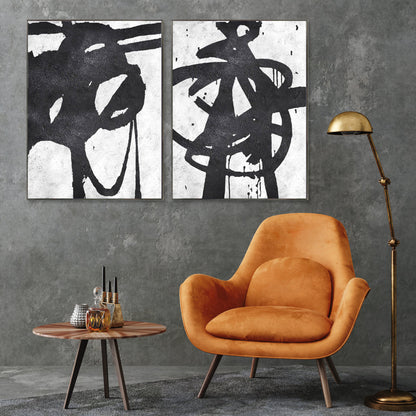 Dynamic Abstract Oil Painting Pair in Black and White for Modern Home Decor