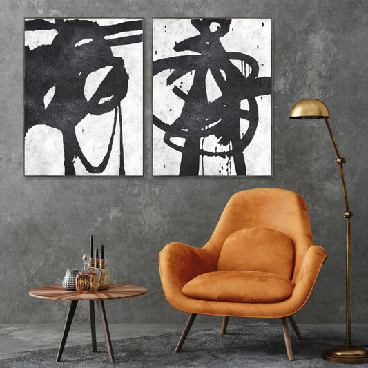 Dynamic Abstract Oil Painting Pair in Black and White for Modern Home Decor