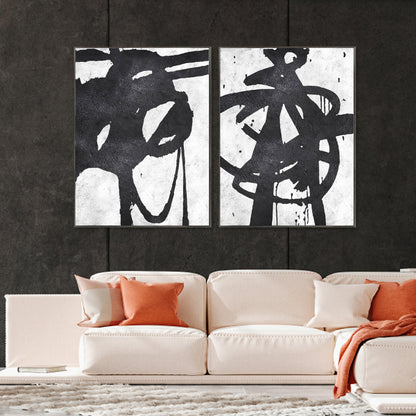 Dynamic Abstract Oil Painting Pair in Black and White for Modern Home Decor