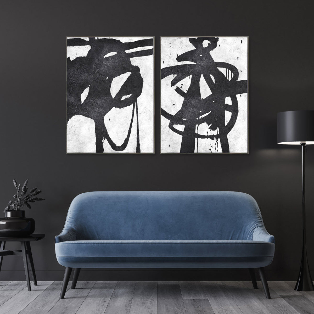 Dynamic Abstract Oil Painting Pair in Black and White for Modern Home Decor