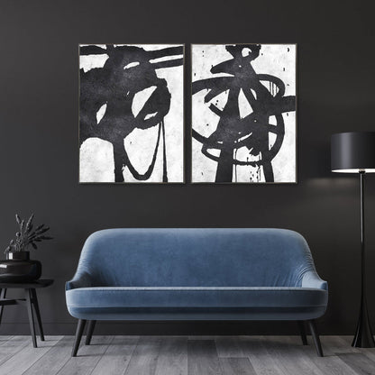 Dynamic Abstract Oil Painting Pair in Black and White for Modern Home Decor