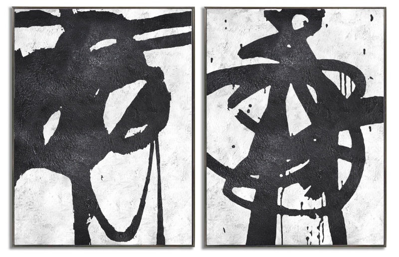 Dynamic Abstract Oil Painting Pair in Black and White for Modern Home Decor
