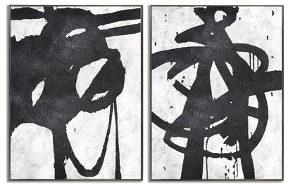 Dynamic Abstract Oil Painting Pair in Black and White for Modern Home Decor